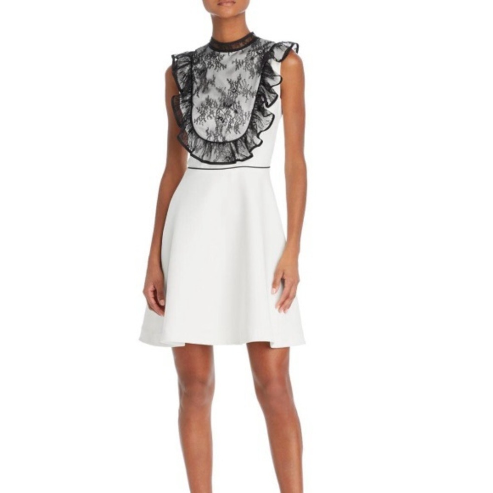 NWT Nha Khanh White & Black Ruffled Lace Bib A-Line Mini Dress Size 6
